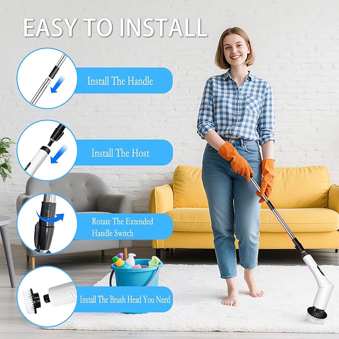 Spin Scrubber,9-In-1Multifunctional Cleaning Brush with Detachable Handle,9 Replaceable Brush Heads&LCD Display,Rechargeable Electric Spin Scrubber for Bedroom,Bathroom,Kitchen,Car
