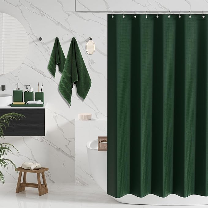 Resin Green Bathroom Set, Dark Green Bathroom Accessories Set with Shower Curtain, Bath Towel Sets, Natural Loofah Sponge, Soap Dispenser, Toothbrush Holder, Bathroom Tumbler and Tray for Bathroom