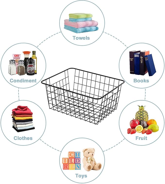 【Extra Large】Wire Kitchen Storage Basket 4 Packs,Perfect Pantry Organization Accessories Baskets,Laundry,Suitable for Countertop, Kitchen, Bedroom, Bathroom,Black