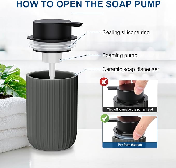 Ceramic Foaming Soap Dispenser, 12 oz Bathroom Foam Hand Soap Dispenser, Refillable Lotion Soap Dispenser with Removable Pump for Kitchen Hand Wash Dispenser, Modern Home Decor(2Pack-Matte Grey)