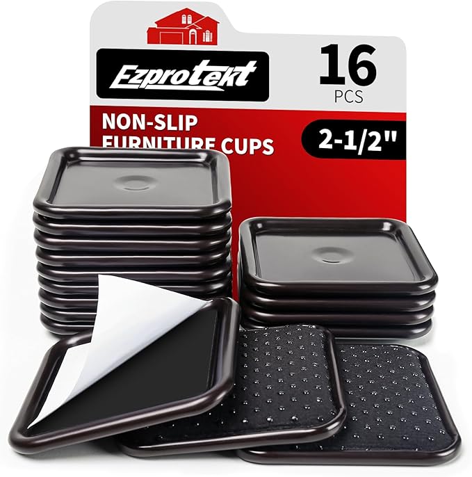 Ezprotekt 2.5" Non Slip Furniture Pads, 16 Pcs Anti Slip Furniture Caster Cups, Furniture Coasters for Hardwood Floors, Furniture Stoppers to Prevent Sliding - Prevent Floors Scratches, Brown/Black