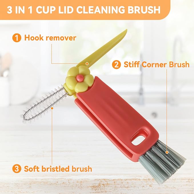 3 in 1 Cup Lid Gap Cleaning Brush Set, Multifunctional Bottle Clean-ing Brush, Cup Lid Gap Cleaner, Home Kitchen Crevice Cleaning Brush Tools (Red)
