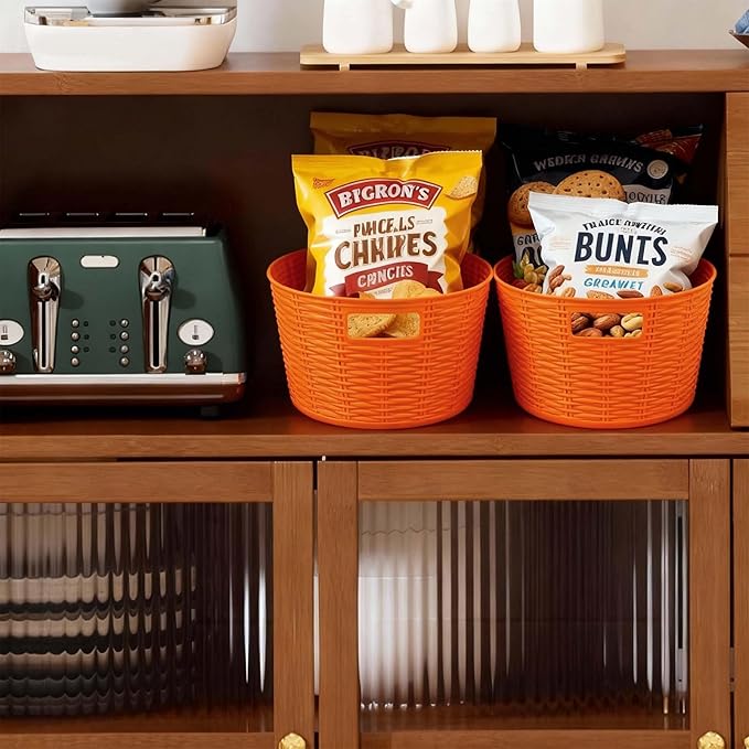 12-Pack Plastic Storage Baskets, Stackable & Nestable Organizer Bins for Toys, Clothes, Home (Orange - Circular)