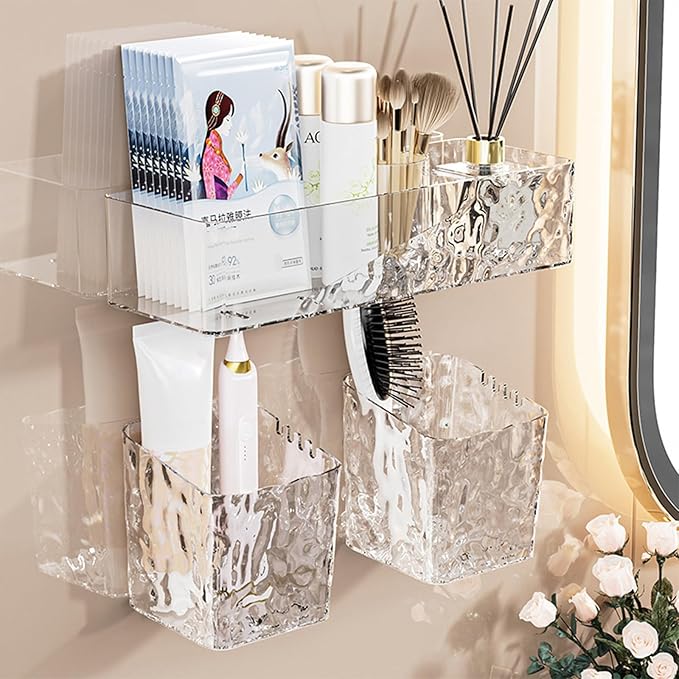 Lae Nuvole 4 Pack Wall Mounted Bathroom Caddy Organizer, Adhesive Shower Shelf for Inside Shower Caddy Plastic Bathroom Organizers and Storage with Bins for Makeup, Bath, Home Decor (Clear-4 Pack)