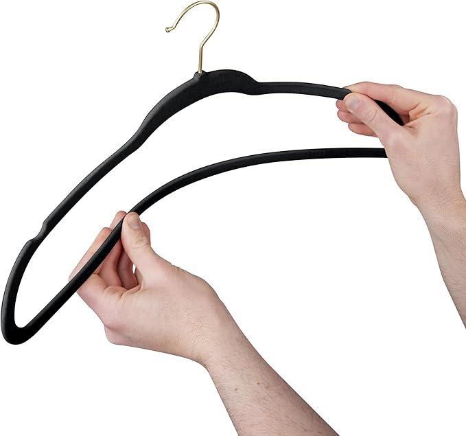 Simplify Slim Velvet Gold Hook Clothes Hangers 100 Pack | Non-Slip | Shirts | Suit | Pants | Dresses | Garments | Closet Storage & Organization | Durable | Black