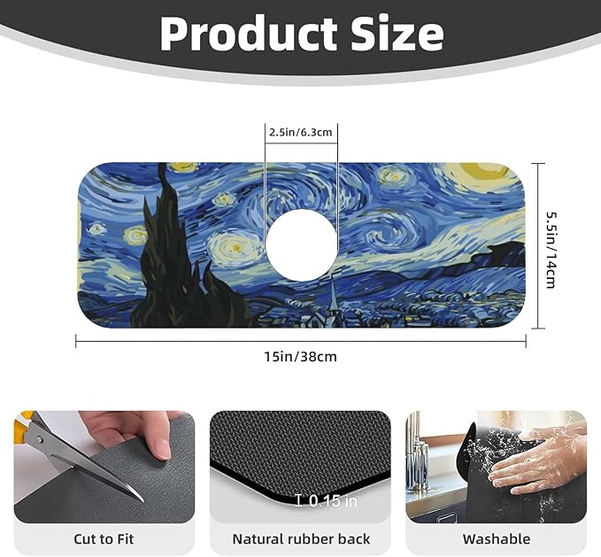 The Starry Night Kitchen Sink Splash Guard Faucet Mat Super Absorbent Fast Drying Mat Sink Gadgets-Fast Drying Pad Sink Mat For Kitchen Bathroom (15" X 5.5" )