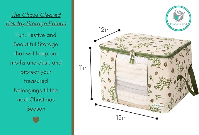 Chaos Cleared Canvas Storage Bags Designer Organizer 2 Pack – Seasonal Storage for Sweaters, Blankets, Linens & Garments – Foldable Design with Zip & Window, Moth-Proof Space Saver, Mistletoe Print