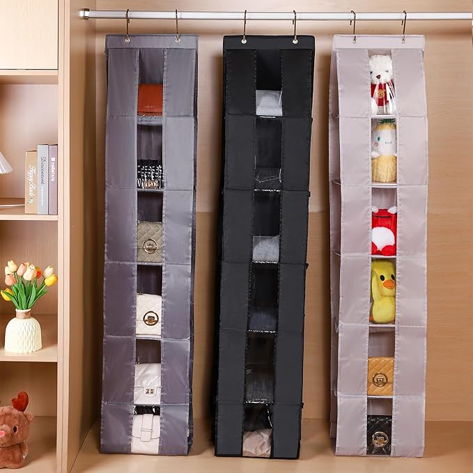 Over The Door Purse Organizer, 6-Pocket Hanging Storage for Handbags, 62.2x10.24 Inch, Space-Saving Closet Organizer with Metal Hooks, Gray (Gray)