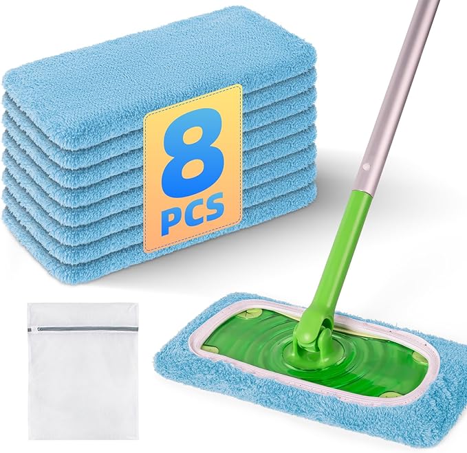 8 Pack Reusable Mop Pads Compatible with Swiffer Sweeper Mop, Dry and Wet Pads Refill, Microfiber Pads, Washable Sweeping Cloths for Surface/Hardwood Floor Cleaning (Blue)