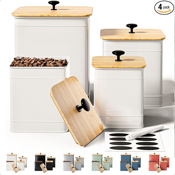 Kitchen Canisters for Countertop Set of 4 with Customizable Chalkboard Labels & Marker Pen - Big Iron Kitchen Canisters with Airtight Lids - Canisters Sets for the Kitchen - White Kitchen Canister Set