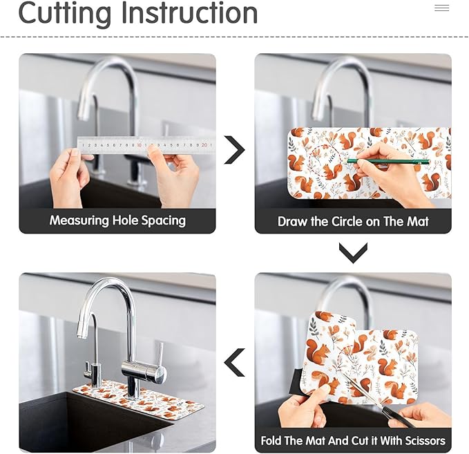 Squirrels and Fall Leaves Kitchen Sink Splash Guard Sink Faucet Mat Faucet Handle Drip Catcher Drain Mats for Kitchen Bathroom Countertop Absorbent Dish Drying Pad 2Pack 14.7x5.4IN