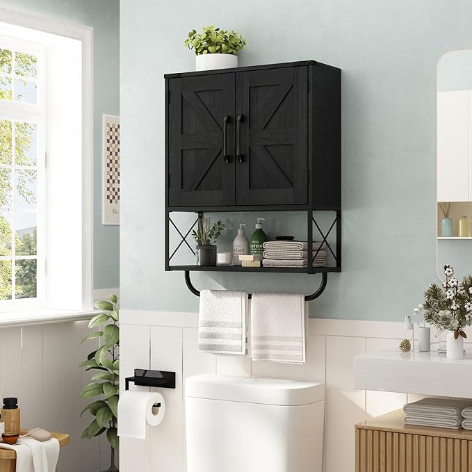 RUSTOWN Farmhouse Medicine Cabinet with 2 Barn Door, Wood Wall Mounted Storage Cabinet with Adjustable Shelf and Towel Bar, 3-Tier Bathroom Cabinet for Bathroom, Living Room(Black, Medium)