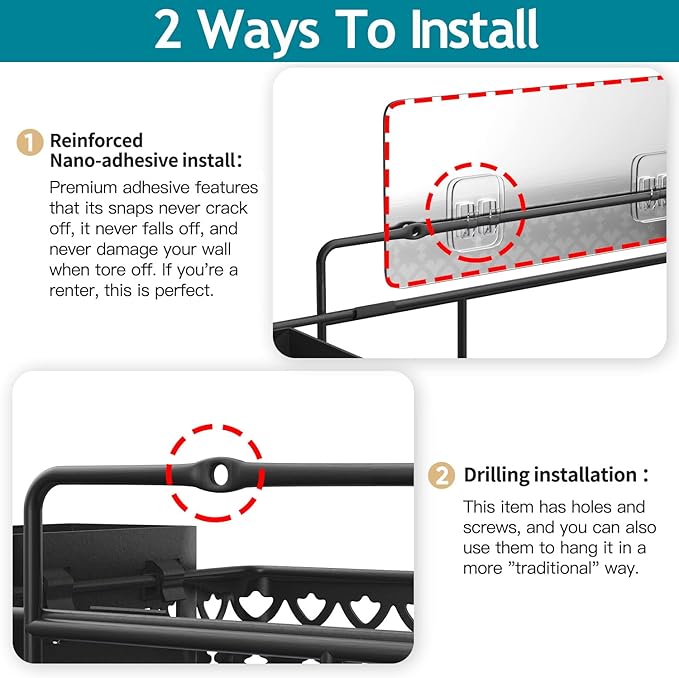 Hanging Spice Rack Wall Mount, Over Stove Spice Organizer Shelf with Wall Hanging Utensil Holder 6 Hooks for Kitchen, Black