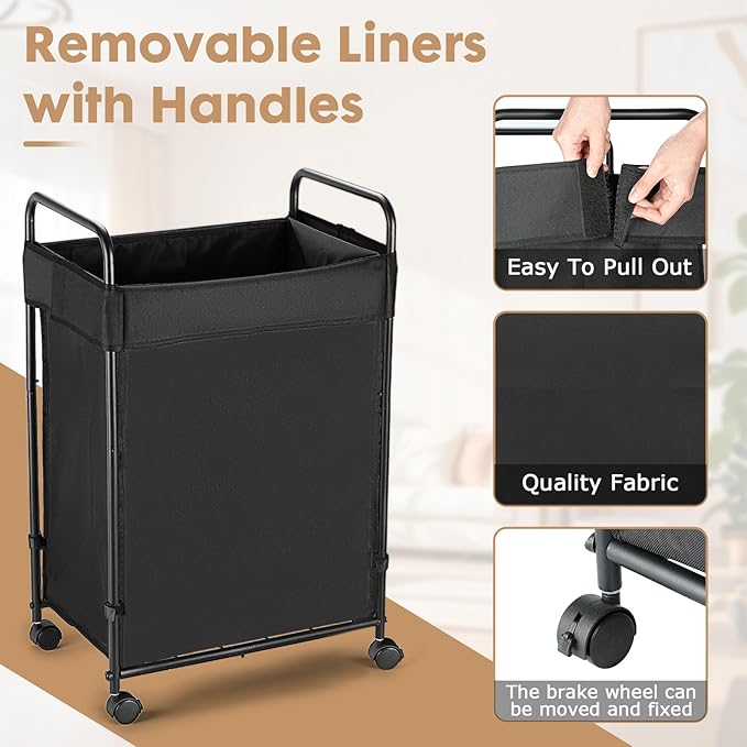 120L Laundry Hamper with Wheels, Rolling Laundry Sorter cart with Metal Frame and Removable Liner, Dirty Clothes Hampers for Bedroom, Laundry Room, Bathroom