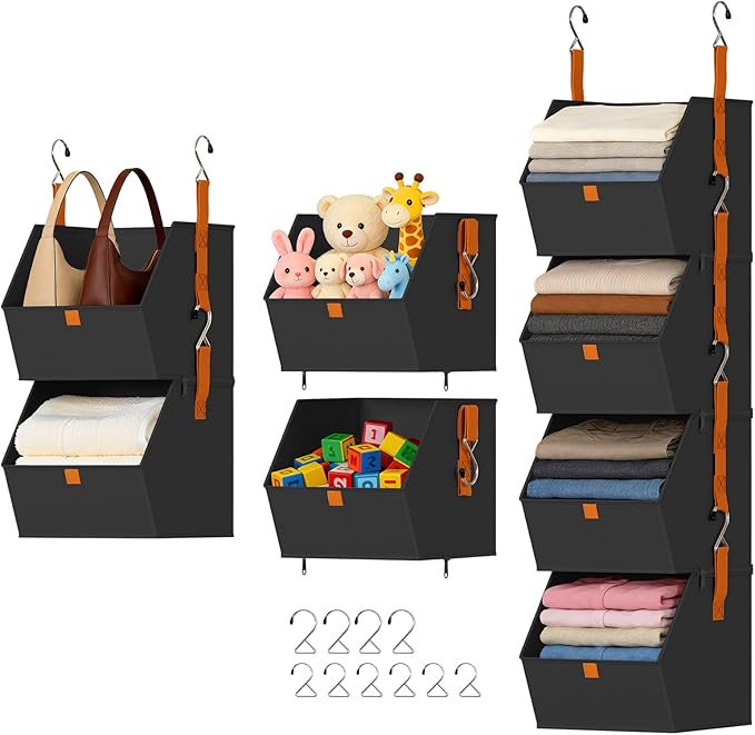 DIMJ Hanging Closet Organizer - 4 Tier Collapsible Hanging Shelves with Hooks Zipper, Fabric Clothes Organizer, Space-Saving Storage Bin Basket for RV, Bedroom, Laundry Organization