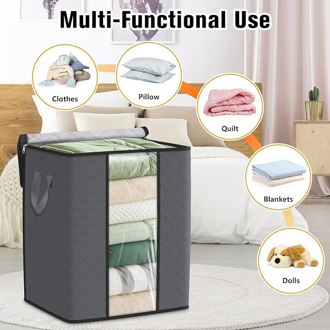 Clothes Storage Bags, 4-Pack Comforter Blanket Organizers, 80L Large Capacity Containers with Visual Window for Clothing, Quilt, Sheet, Pillow, Closet Organization for Bedding (Grey)