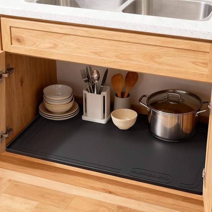 Aisslro Under Sink Mat 34" X 22", Waterproof Silicone Cabinet Organizer Protector with Raised Edge, Kitchen & Bathroom Leak Tray, Shelf Liner & Pet Feeding Mat for Dog Cat Food Mats, Black