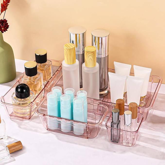 25 Pcs Clear Drawer Organizer, Adjustable Drawer Storage Box, 3-Size Desk Drawer Organizer, Acrylic Storage Bins for Makeup, Kitchen Utensils, Bedroom Dressers Tool Organizer for Gadgets, Pink