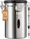 Veken Coffee Canister, 39OZ Large, Airtight Stainless Steel Food Storage Container for 2.2lbs Coffee Beans, Ground, Sugar, Tea, Flour, Cereal, Kitchen Bar Accessories with Date Tracker & Scoop, Silver