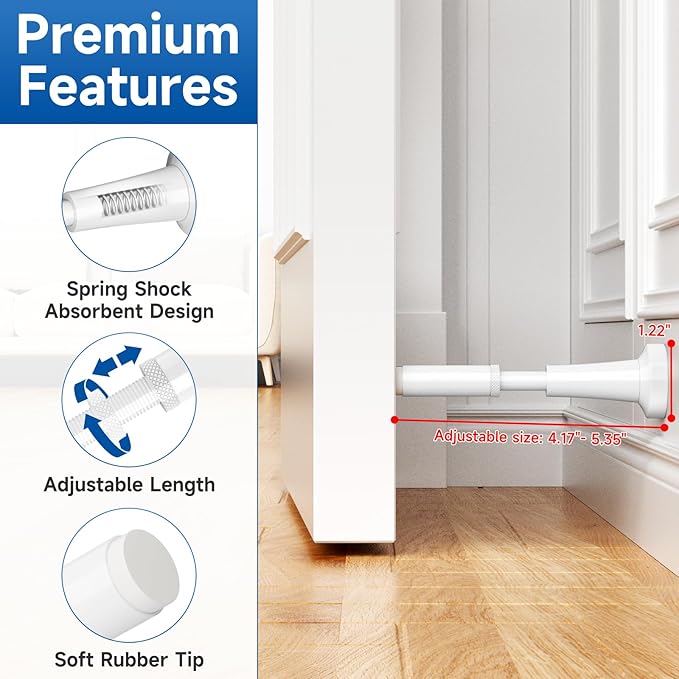 2pcs Adjustable Spring Door Stops, 4.17-5.35in Aluminum Long Door Stoppers with Silicone Tip, Matte Black Door Stop for Bottom of Door, Screw & Adhesive Installation,White