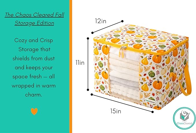 Chaos Cleared Canvas Storage Bags Designer Organizer 2 Pack – Seasonal Storage for Sweaters, Blankets, Linens & Garments – Foldable Design with Zip & Window, Moth-Proof Space Saver, Pumpkin Print