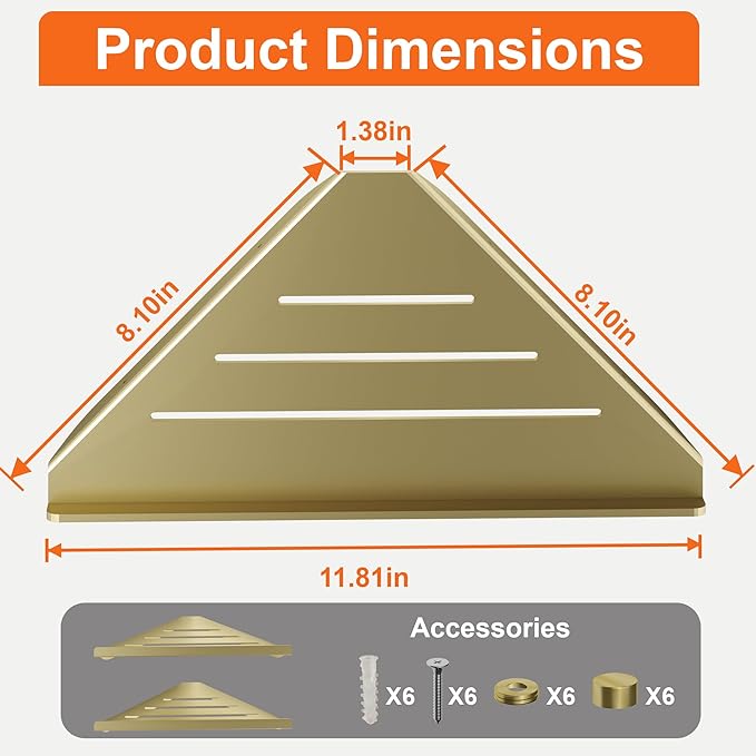 Ecowillon Corner Shower Shelves, 2-Tier Triangle Gold Shower Candy, 304 Stainless Steel Corner Shelf Will not Rust, Wall Mounted Caddy Shelves No Drilling with Adhesive,Storage Shelf for Toilet