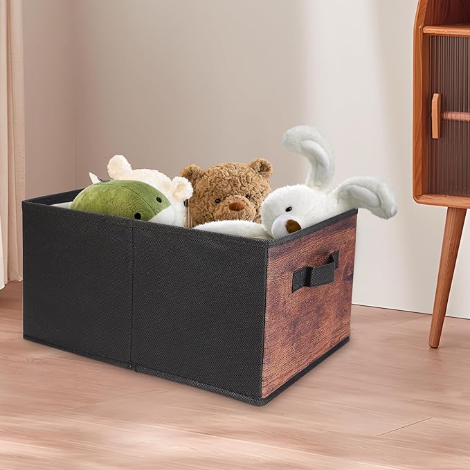 JAKAGO Fabric Storage Bins set of 4 Rectangle Storage Baskets with Handle Foldable Closet Organizer for Clothes Towel bedding Books Collapsible Clothing Container for Shelves Bedroom(Wood High)