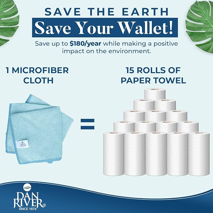 DAN RIVER 24-Pack Blue Microfiber Towels – Ultra Absorbent, Lint-Free & Streak-Free wash Cloths Kitchen for Home & Car - Must-Have Cleaning Essentials - 12" x 12"