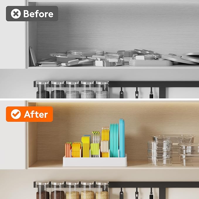 Lifewit Kitchen Cabinet Organizer for Food Contanier Lid, Large Lid Holder with 6 Adjustable Dividers & 7 Sections for Pantry Organizers and Storage, Home Drawer Organization, 13" x 10"