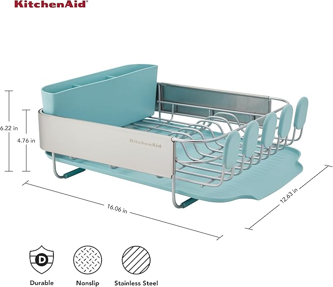 KitchenAid Compact Space Saving Rust Resistant Dish Rack with Removable Flatware Caddy and Angled Self Draining Drainboard, 12.63 x 15.87 x 5.54 Inch, Mineral Water