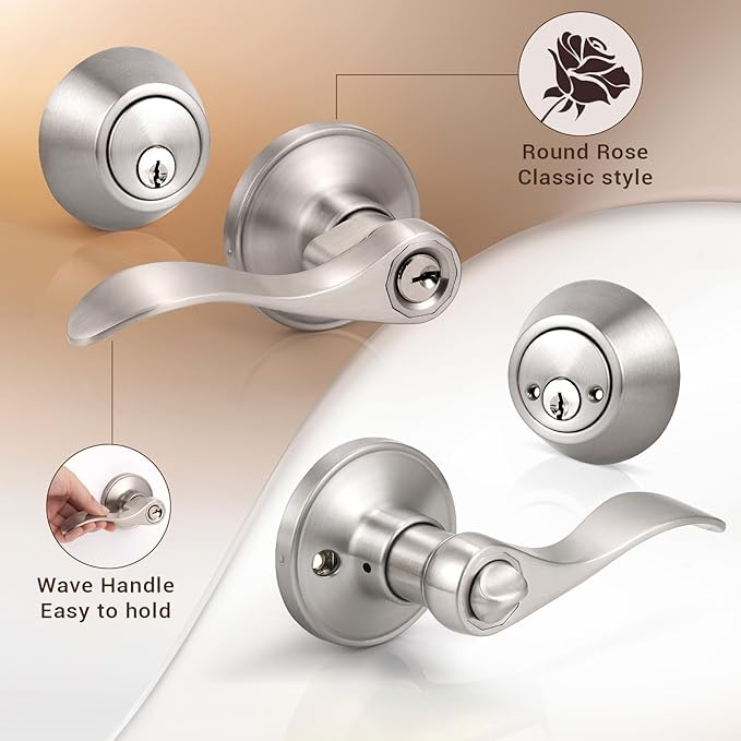 Knobonly 1 Set Entry Door Lever and Deadbolt Lock Set, Deadbolts Keyed Both Sides, All Keyed Same, Wave Style Front and Exterior Door Handleset with Double Cylinder, Satin Nickel Finish