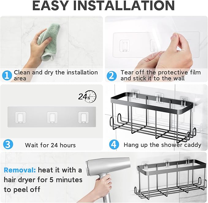 Lsnisni 10 Pack Shower Caddy Adhesive Replacement, Waterproof Shower Shelf Adhesive Strips, Strong Adhesive Flat Hooks for Bathroom Storage Shelves and Kitchen Racks No Drilling, Clear