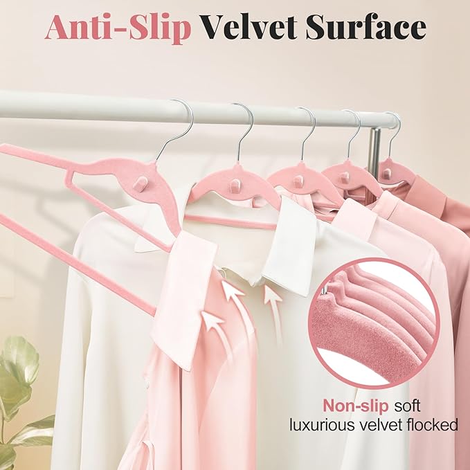 Velvet Hangers 50 Pack, S-Shaped and Stackable Non Slip with 360°Swivel Hook, Ultra Thin and Space Saving Flocked, for Suits, Shirts, Coats, 15Lbs Capacity Heavy Duty, Pink