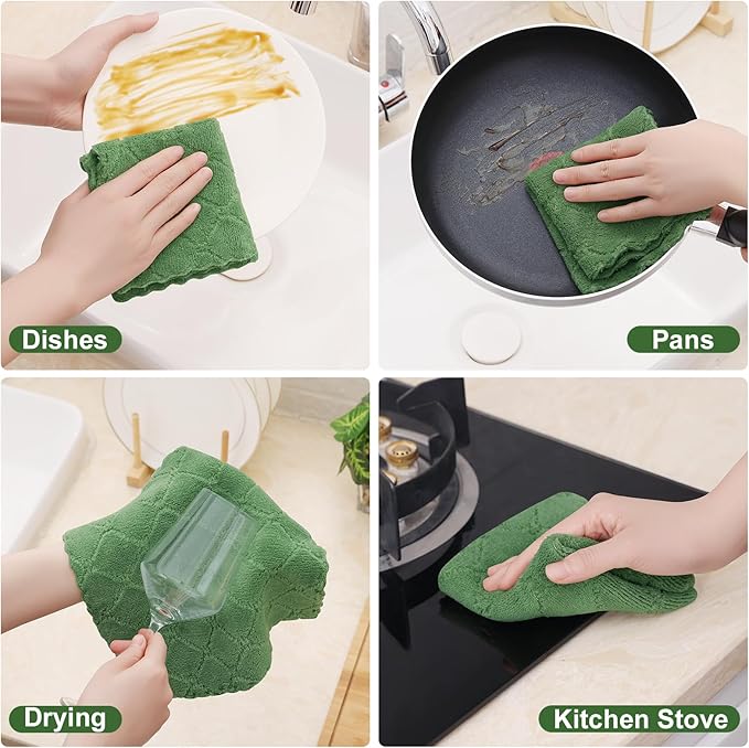 Homaxy 12 Pack Kitchen Dish Cloths (10 x 10 Inches, Grass Green), Super Soft and Absorbent Coral Velvet Dish Towels, Nonstick Oil Fast Drying Microfiber Cleaning Cloth, No Lint Household Dishcloths