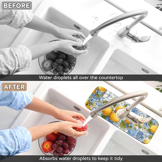 Lemon Sink Faucet Absorbing Mat, Blue Flower Kitchen Faucet Pad, Fresh Sink Splash Guard, for Bathroom Kitchen Sink Faucet Mat Drying Mat 15.4"x5.7", Home Decoration Present