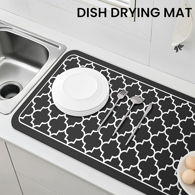 WISELIFE Dish Drying Mat Super Absorbent Drying Mat Large Dish Drying Mats for Kitchen Counter Easy Clean Dish Mat Kitchen Drying Mat18"x 32" Stylish Black