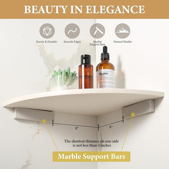 Koville Marble Corner Shower Shelf for Bathroom, 10'' Polished Marble Corner Shelves for Bath, Wall Mounted Stone Corner Shower Caddy, No Drilling Adhesive Shower Shelf - Rigel Yellow (2-Layer)