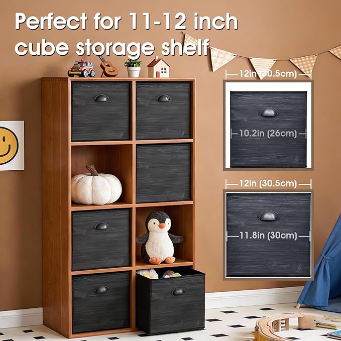 homyfort Fabric Cube Storage Organizer Bins, 12x12 Inch Black Wood Grain Printing Storage Cubes, Closet Cloth Baskets Box For Shelves, Set of 6