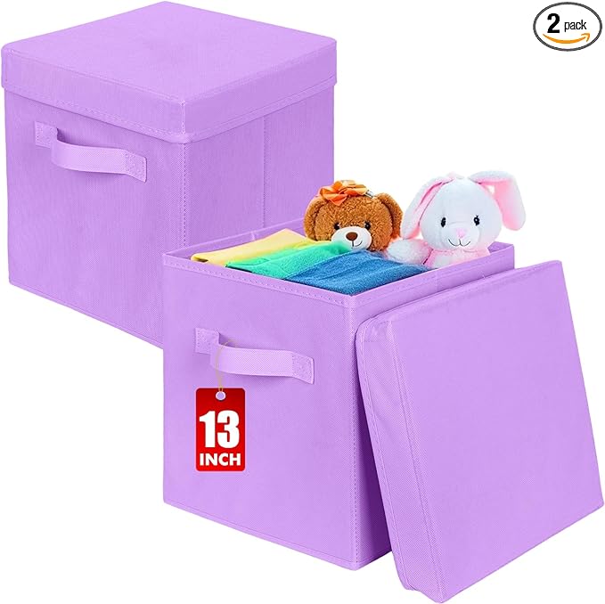 ShellKingdom Storage Bins, Foldable Fabric Storage Cubes with Lid, Clothes Storage Organizer Drawer For Closet Toys Storage, 13 X 13 X 13 INCH, 2 Pack (Lavender)