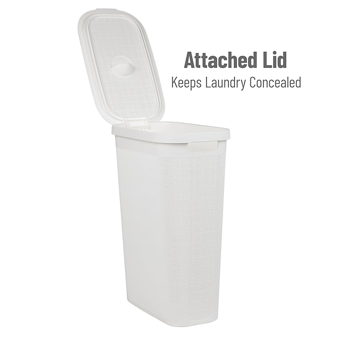 Mind Reader Slim Laundry Hamper with Lid, 40L Clothes Basket, Linen Design, Plastic, White