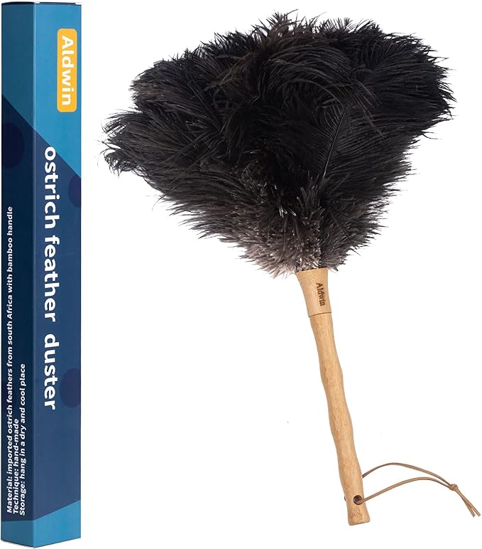 Aldwin Ostrich Feather Duster, 16 inch Black Genuine Ostrich Feathers with Wood Handle, Reusable Car Dusters, Eco-Friendly Cleaning Handheld Dusters for Home, Office and Kitchen