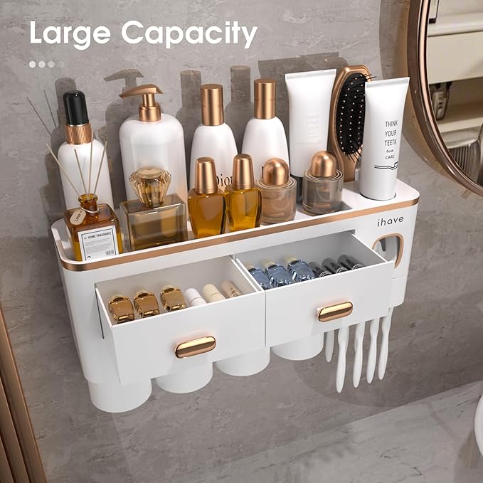 iHave Toothbrush Holders Wall Mounted with Toothpaste Dispenser & 4 Cups - Premium White and Gold Design for Bathroom Decor, All-in-One Bathroom Organizers & Storage for Toothbrushes and Accessories