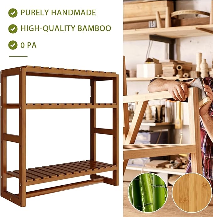 Over The Toilet Storage Bathroom Shelves Wall Mounted 3 Tier Space Saver Corner Shelf Organizer Bamboo Towel Rack Toilet Paper Cabinet with Hanging Rod Brown