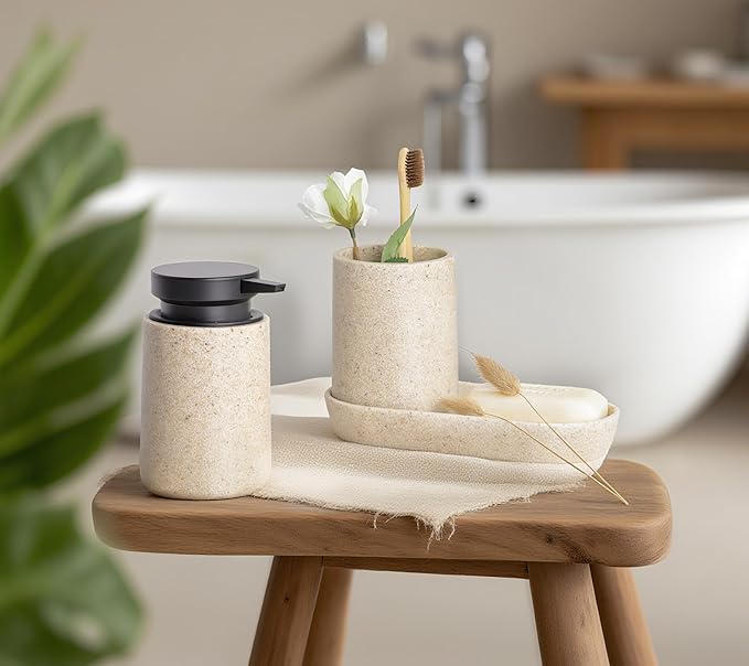 3 Pcs Bathroom Accessories Set, Liquid Soap Dispenser with Large Pump, Toothbrush Holder Cup and Soap Dish, Sandstone Texture Bathroom Counter Set for Modern Home (Beige)