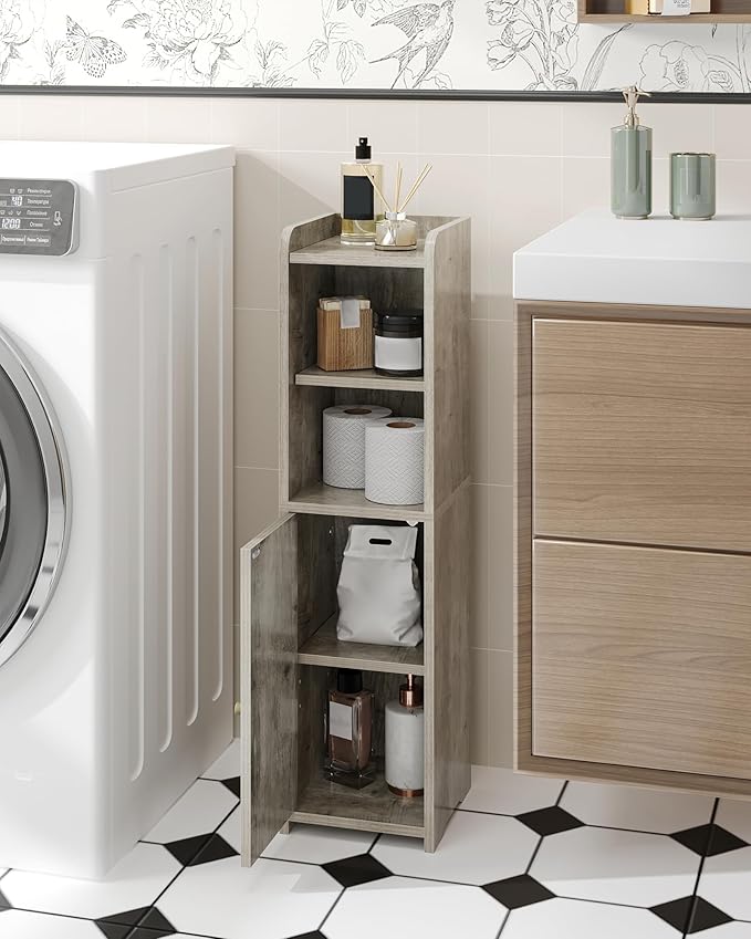 Bathroom Storage Cabinet, Corner Floor Cabinet with Doors and Adjustable Shelf, Narrow Toilet Paper Cabinets, Bathroom Organizer for Small Spaces, Greige BC19705X