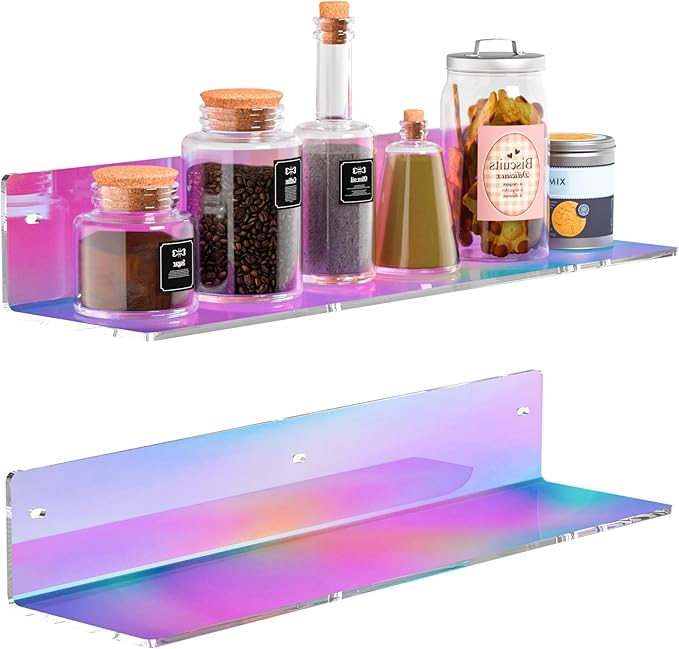 16 Inches Iridescent Acrylic Shelves, Wall Mounted Organizer Shelves for Bedroom, Clear Wall Storage Shelves for Cosmetics, Skincare, Router, Doll, Toiletries, Helmets, 2 Pack