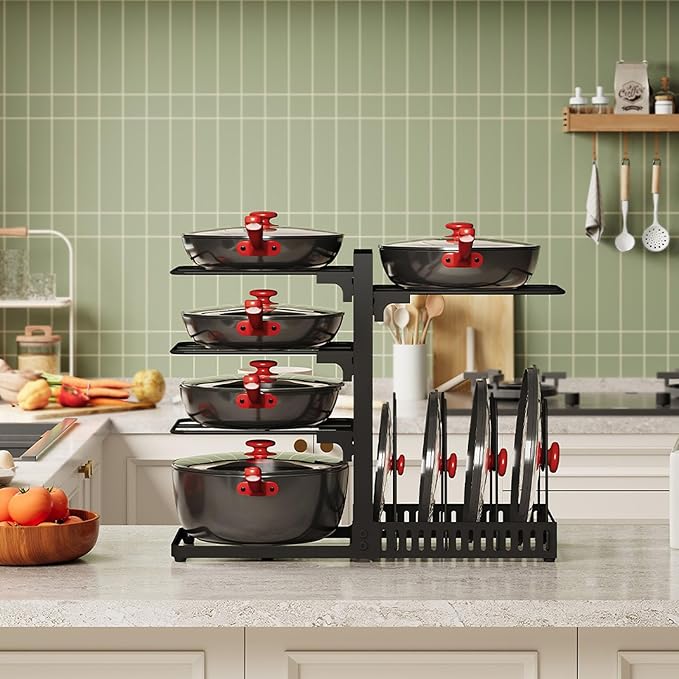 pots and Pans Organizer Under Cabinet, Pot and Pan Organizer Rack, Two-Sided Cookware Holder with Lid Storage, Adjustable Pan Organizer, Pot Holders, for Kitchen, Black TPR40BB