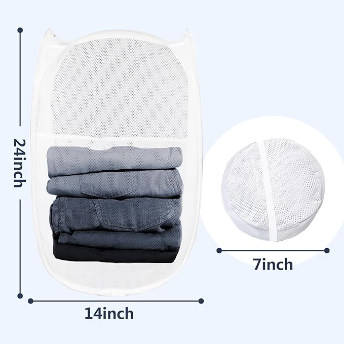 LXLOVESM Pop Up Laundry Hamper, Mesh Laundry Basket Collapsible, Foldable Hamper for Travel and Storage (White)