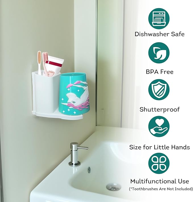 Lily's Home Kids Toothbrush Holder - 3D Unicorn Tumbler & Organizer Set - Fun Bathroom Storage Decor - Pink/White Design - Kids Bathroom Accessories - Space-Saving Holder for Toothbrush/Toothpaste