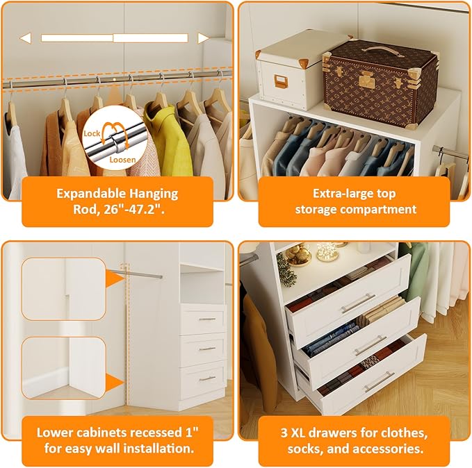 Closet System of 2 Set, 4-18FT Closet Organizer System with 10 Hanging Rods & 6 Wood Drawer & Adjustable Shelves, Walk in Closet Storage System, Free Standing Closet System, White